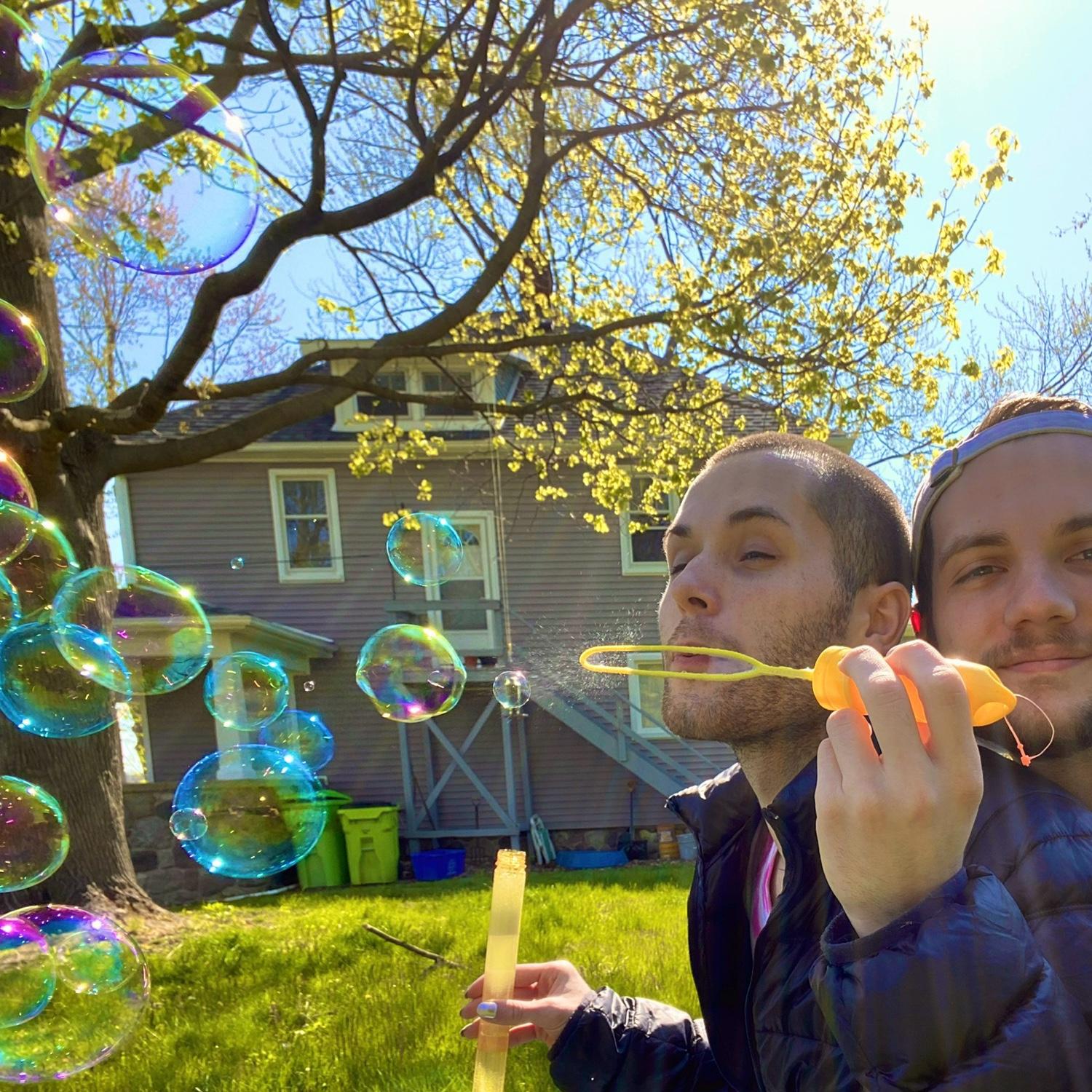 Blowing bubbles at the Scio farmhouse, May 2020.