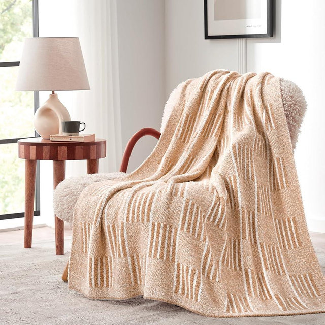 Snuggle Sac Checkered Throw Blanket Faux Fur Microfiber Blankets for Couch,Reversible Soft Cozy Warm Blanket for Sofa Bedroom,Cute Lightweight Striped Throws for Women,Heather Beige,50x60 inches