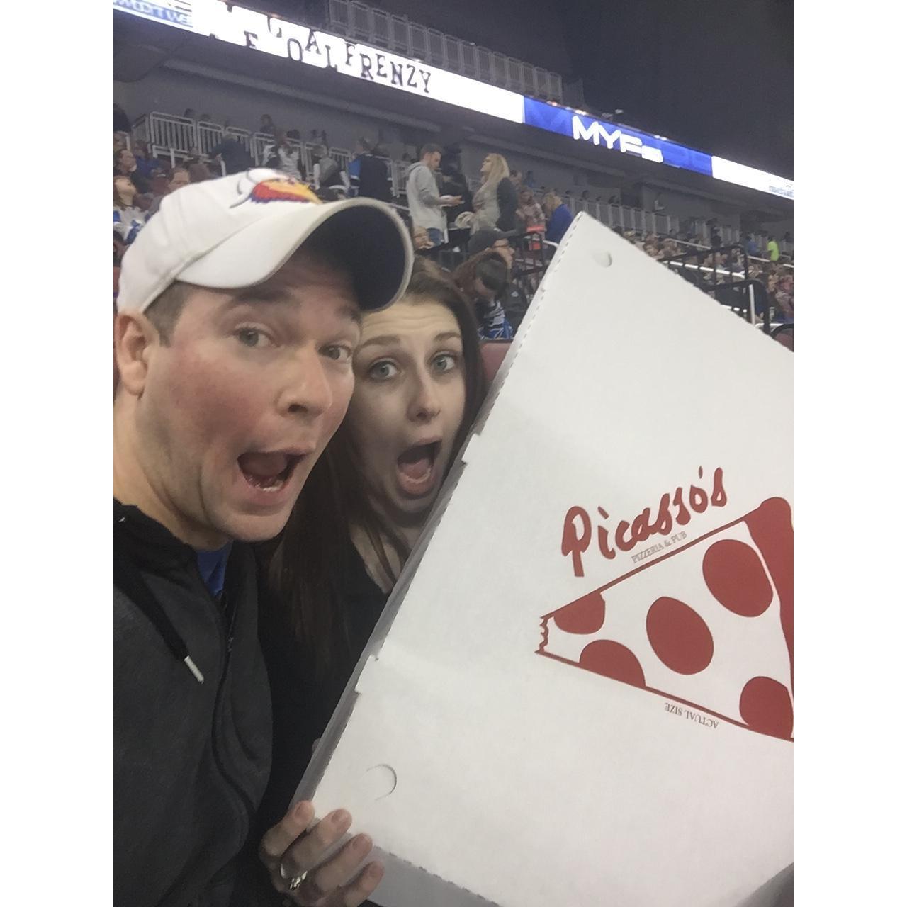The FIRST Hockey Game Date we went to and we WON this HUGE pizza! We gave some to the team equipment manager and he gave us a hockey stick as a thank you because he hadn’t eaten all day!
