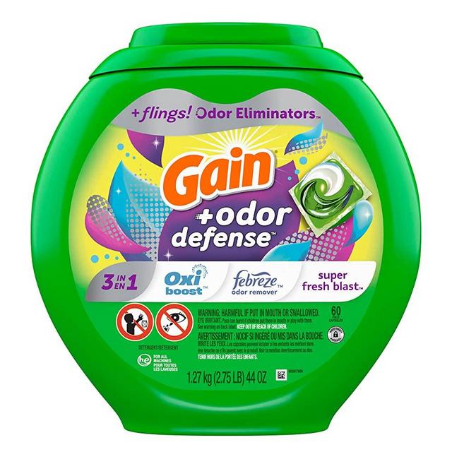 Gain Flings Laundry Detergent Soap Pods with Odor Defense HE with Febreze and Oxi, Super Fresh Blast, 60 Count