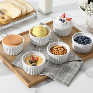 MALACASA Ramekins 6 oz Oven Safe, Porcelain Creme Brulee Ramekins Pudding Custard Cups Small Ceramic Souffle Dishes Ramakan Ramiken Ramicans Baking Bowls Set of 6, White, Series RAMEKIN-DISH
