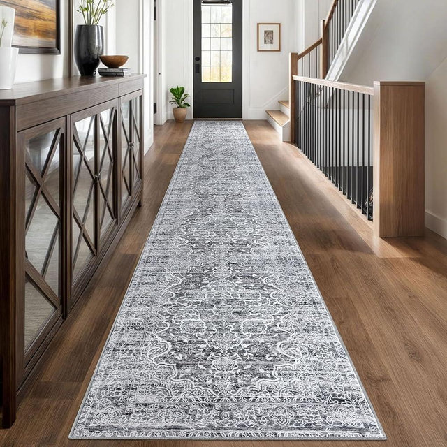 KUTA Extra Long Runner Rug for Hallway 2.6x18ft, Grey Blue White Vintage Washable Kitchen Runners, Non-Slip Stair Rugs Ultra Soft Printed Modern Floral Distressed Carpet for Bedroom Living Room