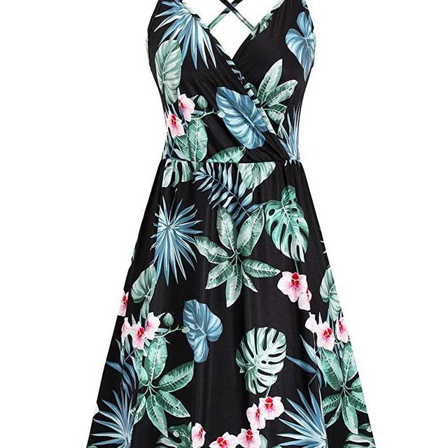 LAISHEN Women's Sundress V Neck Floral Spaghetti Strap Summer Casual Backless Swing Dress with Pocket