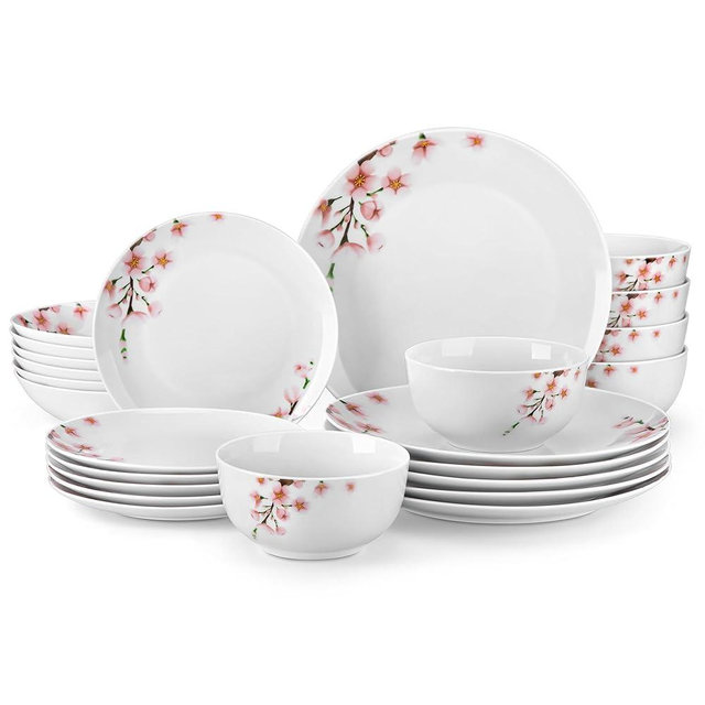 VEWEET Dinnerware Sets for 6, 24 Pieces Porcelain Plates and Bowls Set with Pink Floral, Classic Dishes Set Dining Ware for Dinner, Microwave Dishwasher Safe, Series ANNIE