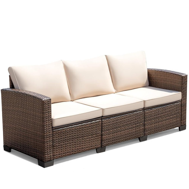 Devoko Patio Sofa,Wicker Outdoor Couch 3 Seater with Anti-Slip Cushions &Wider Armrest,PE Rattan Wicker Small Backyard Furniture for Deck,Porch & Poolside,Waterproof Patio Furniture