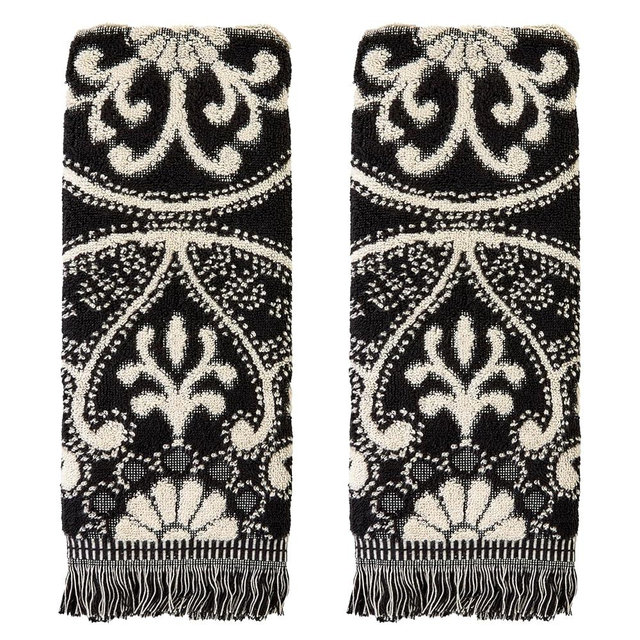 SKL Home Amherst Medallion 100% Cotton Premium 2-Piece Hand Towel Set, 600 GSM, Reversible Jacquard, Soft & Absorbent, Decorative for Bath/Kitchen/Bar & Gift, Black