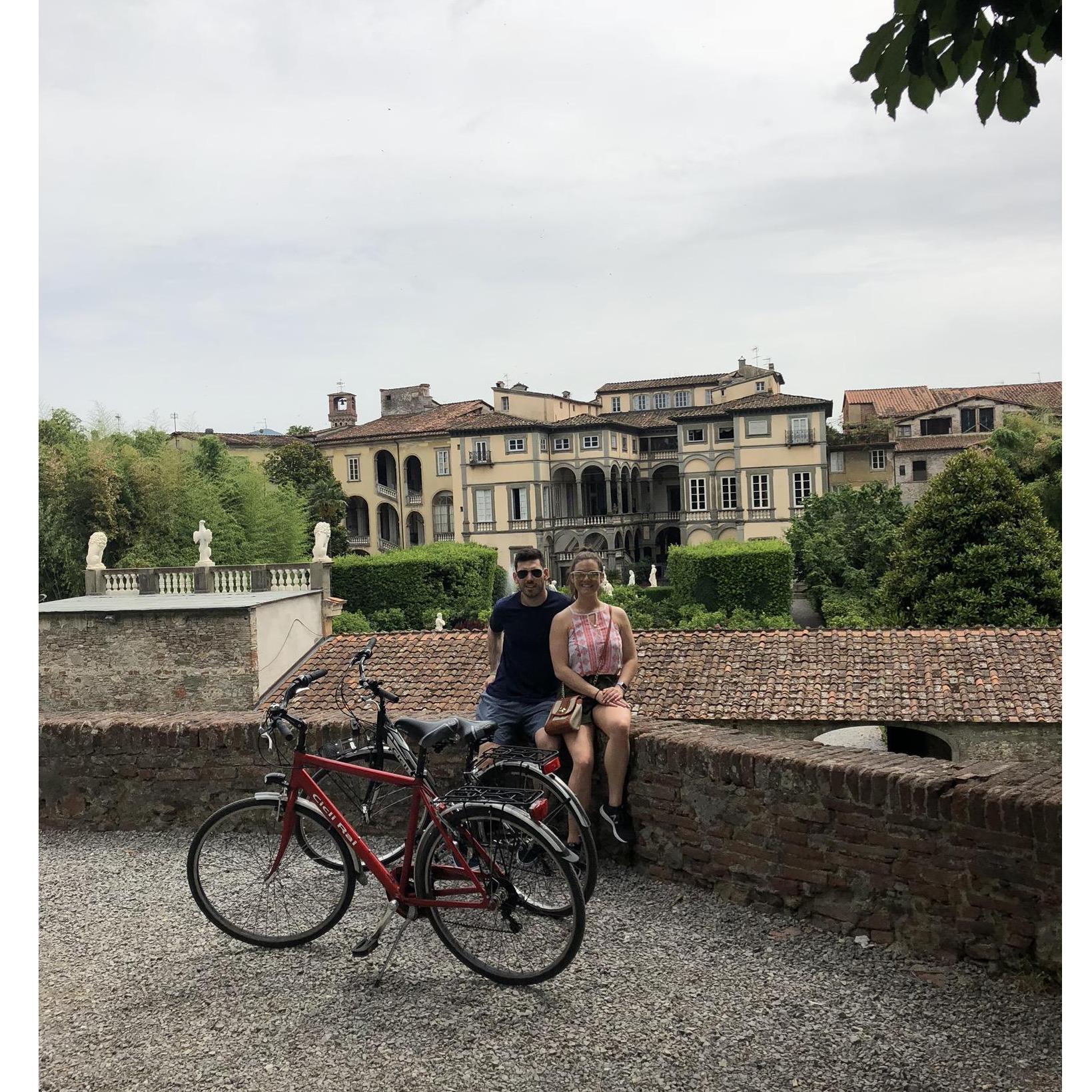 Biking around the walls of Lucca with the family that day