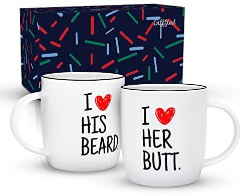 Triple Gifffted I Like His Beard Coffee Mugs For Couples, Funny Couple Gifts for Anniversary, Engagement and Christmas, Girlfriend Unique Gifts, His and Hers and For Bride and Groom Set of 2 Mugs