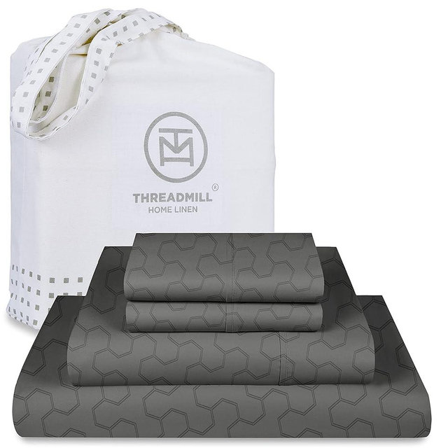 Threadmill 500 Thread Count King Size 4 Pc Luxury Cotton Bed Sheet Set, Jacquard Floria Dark Grey, Silky Soft Sheets with 16" Elasticized Deep Pocket, 2 Pillowcases & Free Tote Bag