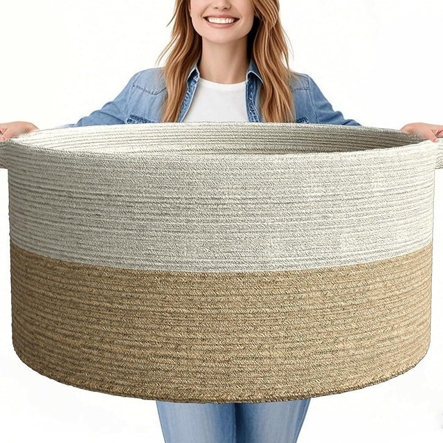 GOPAS 125L Extra Large Blanket Basket, 25" x 16", Jumbo Laundry Woven Baskets Decorative Home, Cotton Rope Basket with Handles, Baby Toy Baskets for Storage, White & Brown,2PC