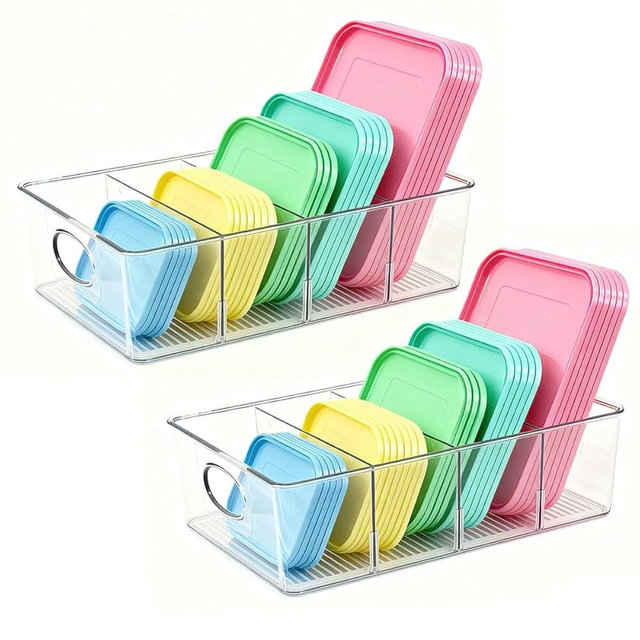 KAIDELI 2 Pack Lid Organizer for Kitchen Cabinet Food Storage Container Lids, Clear Plastic Adjustable Dividers, Lid Organizers Inside Cabinet for Kitchen Organizers and Storage