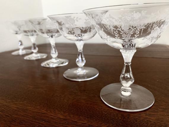Vintage TIFFIN Cherokee Rose Coupe Glasses, Set of Five Etched Champagne Cocktail Stemware, Elegant Barware