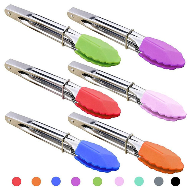 HINMAY Colorful Mini Tongs Set 7-Inch Silicone Tongs with Sliding Rings, Set of 6 (Green Red Blue Purple Pink Orange)