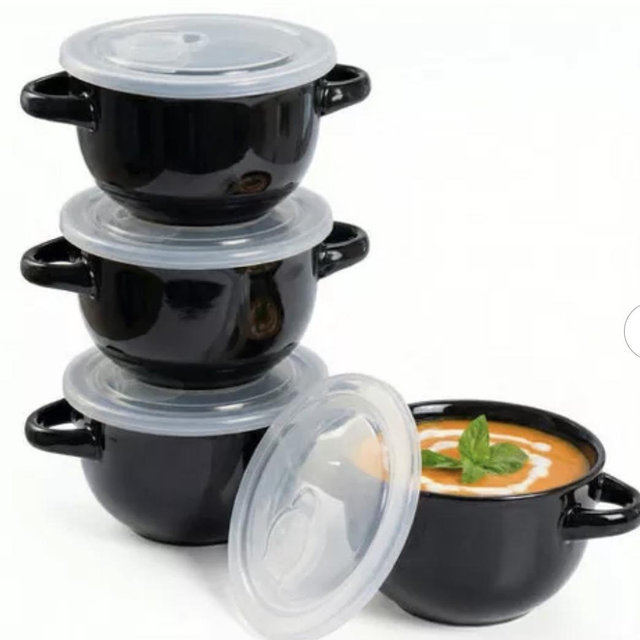 Kook Soup Bowls Crocks with Handles, 18 oz, Set of 4, Black
