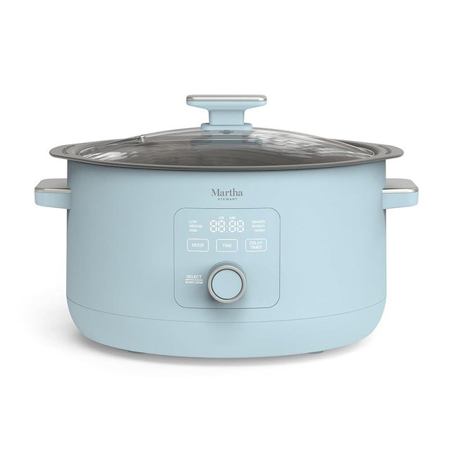 Martha Stewart 8 Quart Slow Cooker, Ceramic Nonstick Removable Bowl, Programmable with Timer, Stovetop & Oven Safe, 3 Temperature Settings, Simmer, Reheat, Warm, Glass Lid, Cool Touch Handles, Sky