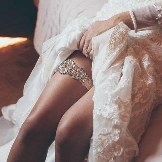 Sale -Wedding Garter and Toss Garter-Crystal Rhinestones with Rose Gold Details - IVORY Wedding Garter Set - Style G90770