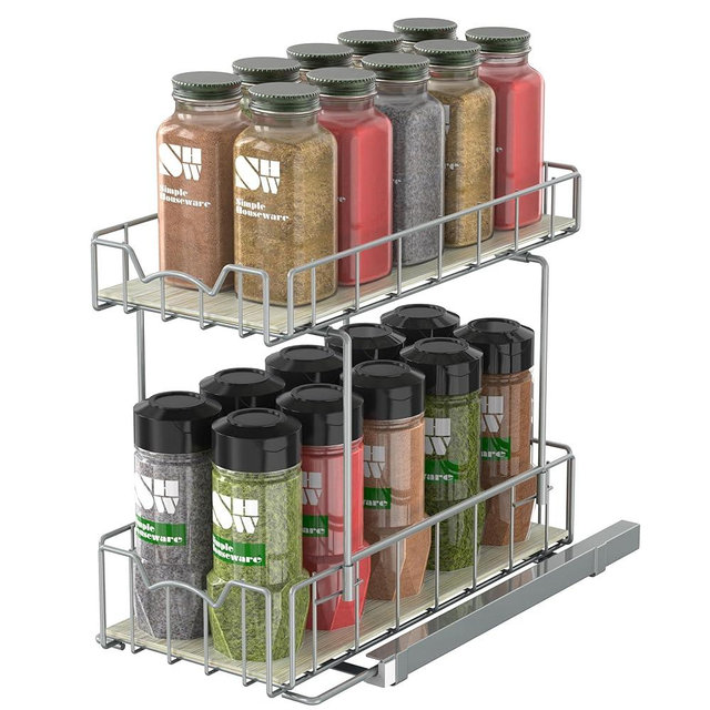 Simple Houseware Spice Rack Slide Out Wire Basket Drawer Organizer, 2 Tier, Silver
