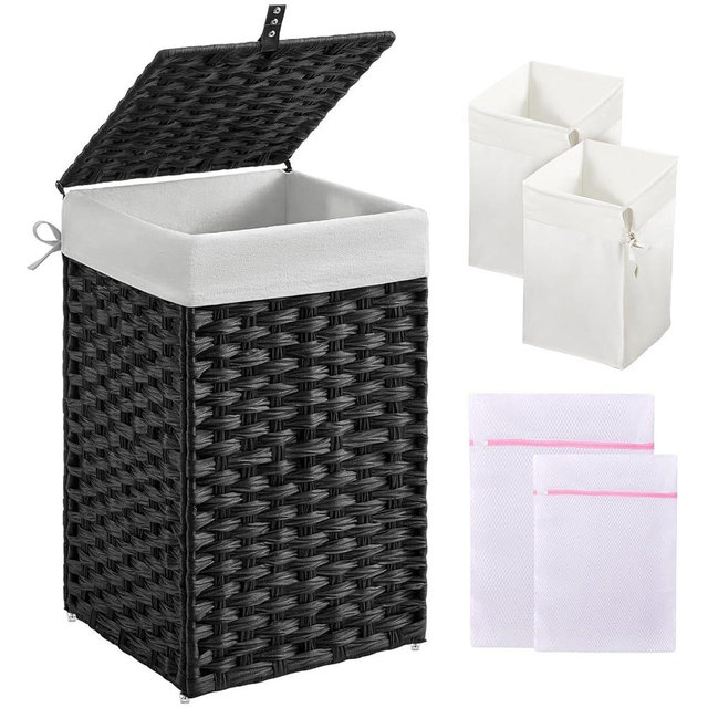 Greenstell Laundry Hamper with Lid, 60L Clothes Hamper with 2 Removable Liner Bags & 2 Mesh Bags, Handwoven Synthetic Rattan Basket, Toys in Bathroom, Bedroom Black