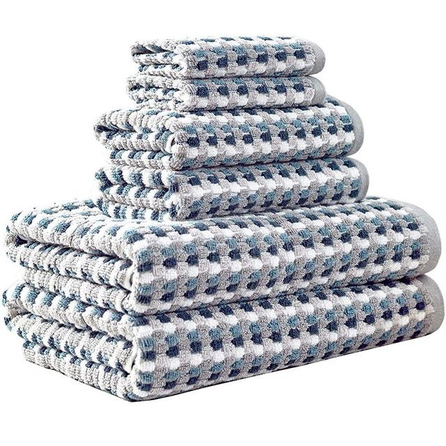 Truly Lou Harbor Stripe 100% Cotton Towel Set, Textured Bath Towel Set, Absorbent, Quick-Dry, Decorative Jacquard Woven Pattern, 2 Bath Towels, 2 Hand Towels, 2 Washcloths (6 Piece Set, Navy/Grey)