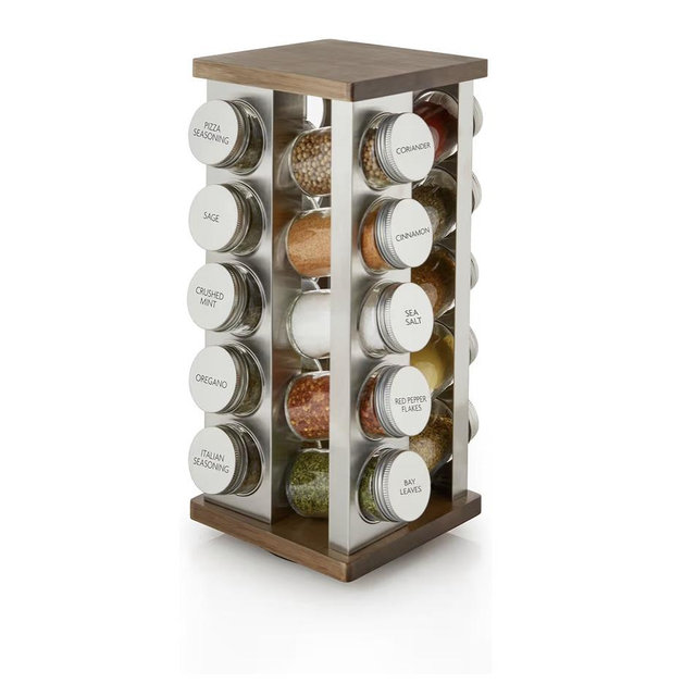 Kamenstein 20 Jar Vintage Spice Rack with Spices Included, Revolving Countertop Spice Organizer with Glass Jars, Labeled Caps, Removable Sifter Discs, and Free Refills for 5 Years