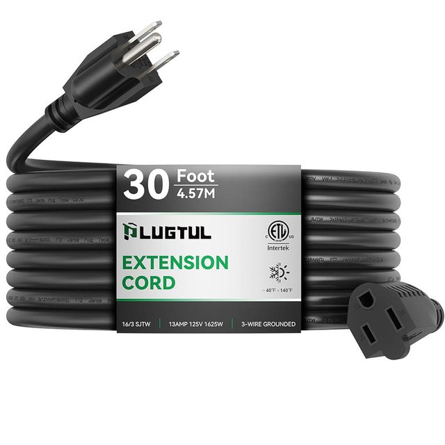 PLUGTUL Extension Cord 30 FT, 16/3 Outdoor Extension Cord Waterproof, Heavy Duty 3 Prong Extension Cord Black, 13A 1625W SJTW, ETL Listed, Great for Garden and Home