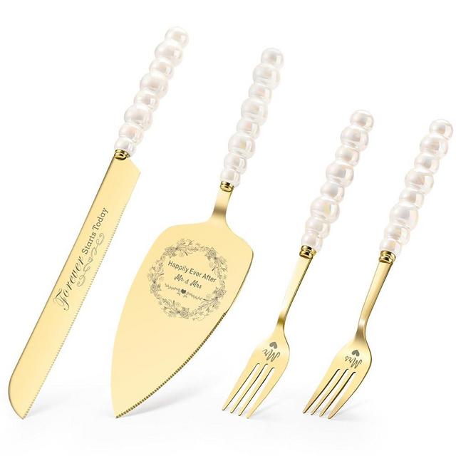 BEKESIN Wedding Cake Knife and Server Set,Gold Cake Cutting Set for Wedding,Ceramic Pearl Handle Wedding Cake Cutting Set for Engagements,Weddings, Anniversaries,and Engagement Gifts for Couples