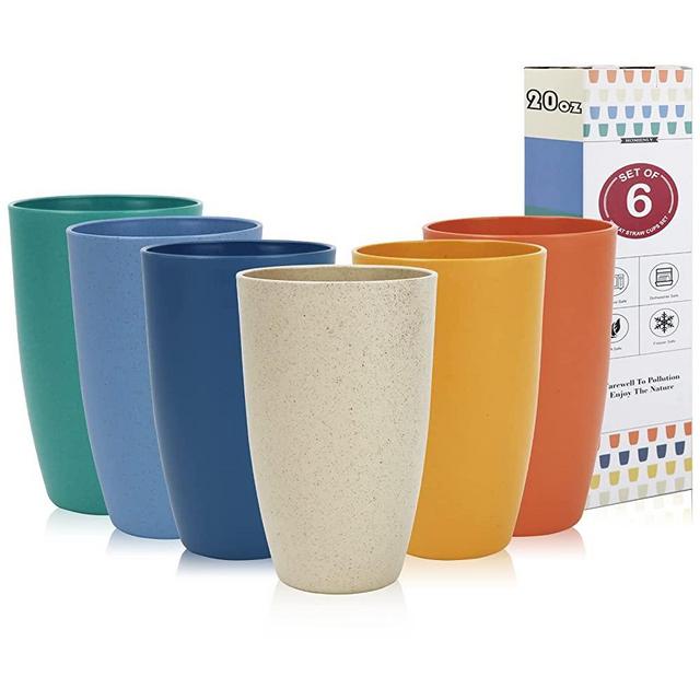 Wheat Straw Cups 6 PCS Plastic Cups 20 oz Unbreakable Drinking Cup Reusable Dishwasher Safe Water Glasses with 6 Colors