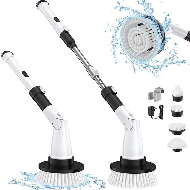 Electric Spin Scrubber, Sweepulire Cordless Cleaning Brush with 2 Speeds , Adjustable Extension Arm, 4 Replaceable Brush Heads, Power Shower Scrubber Cleaning Brushes for Bathroom, Tub, Tile, Floor