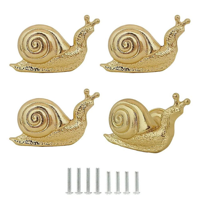 Decorative Snail Cabinet Knobs, Vintage Metal Snail Shape Knobs Pulls Handles Single Hole for Door Drawer Cupboard Closet, Antique Dresser Knobs Kitchen Home Hardware Furniture Handle 4Pcs (Gold)