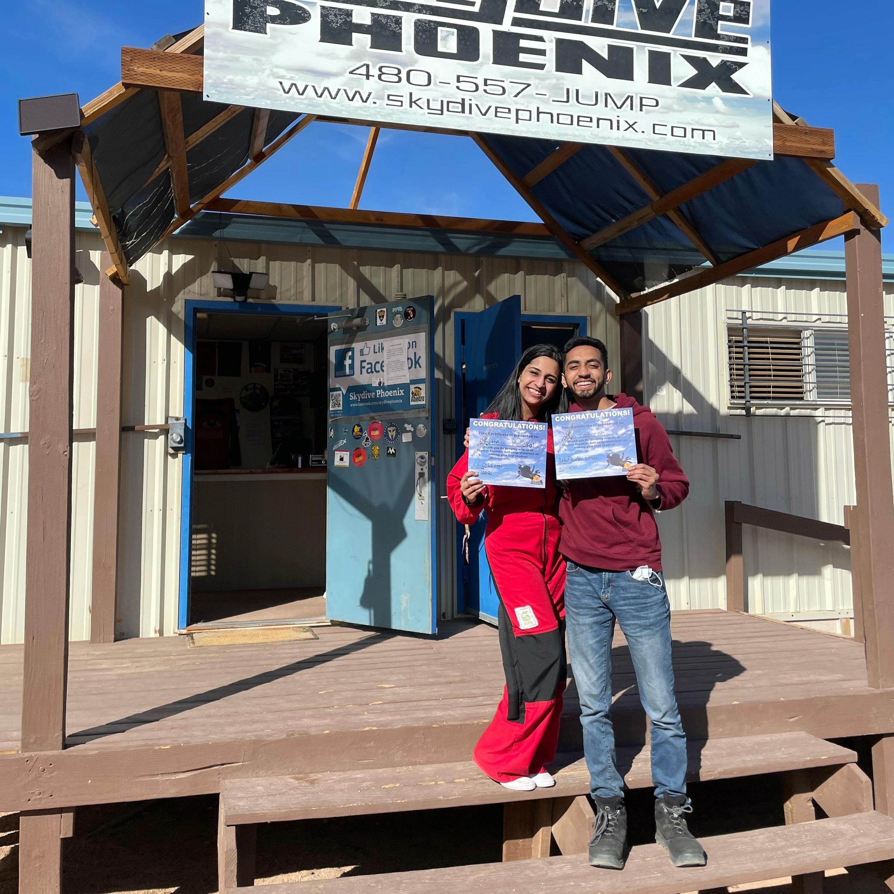 Skydiving for the first time, during our first trip together