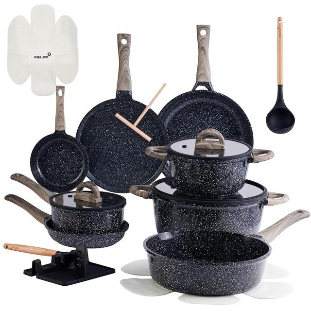 Ceramic Cookware Set 22 Piece Nonstick Pots and Pans Set Non Stick Kitchen Cooking Sets 8"Frying Pans with Lid,Black Granite Non-Toxic Induction Kitchen Cookware w/Glass Lids PFOS/PFOA-Free