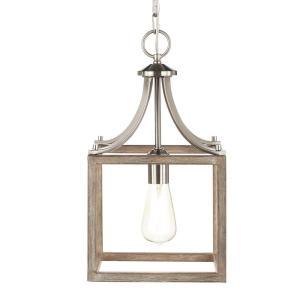 Boswell Quarter Collection 1-Light Brushed Nickel Mini Pendant with Painted Weathered Gray Wood Accents