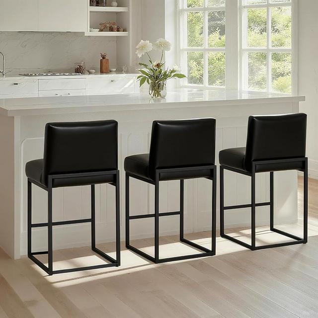 LVHOMLAX Counter Height Bar Stools,Bar Stools Set of 3,26" PU Leather Modern Kitchen BarStools with Backs,Bar Chairs with Metal Black Frames,Ink Black Leather