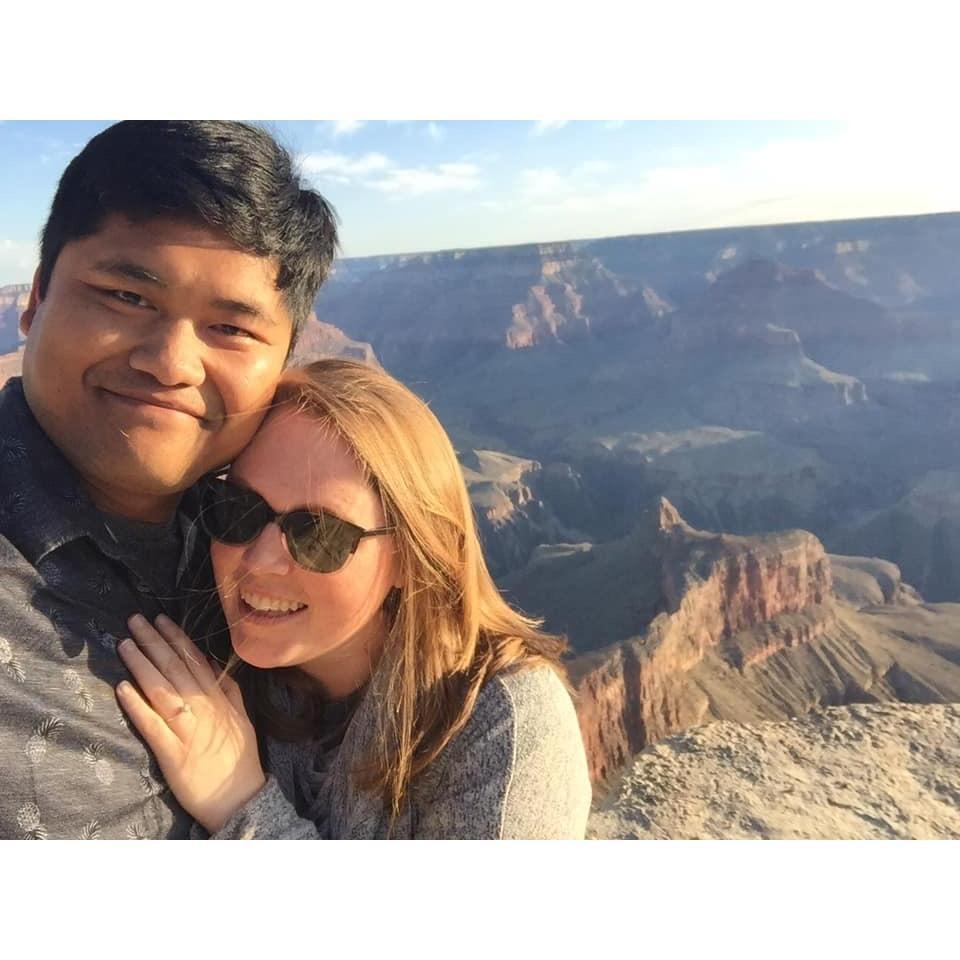 Right after Peter proposed to Sarah at the Grand Canyon in July 2019. The two woke up early to watch the sunrise over the Grand Canyon.