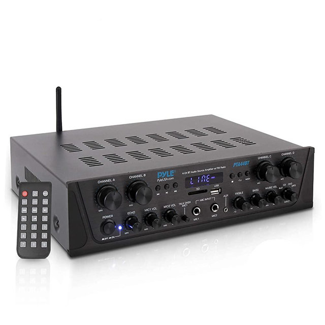 500W Karaoke Wireless Bluetooth Amplifier - 4 Channel Stereo Audio Home Theater Speaker Sound Power Receiver w/ AUX IN, FM, RCA Subwoofer Speakers OUT, USB, Microphone IN w/ Echo - Pyle PTA44BT