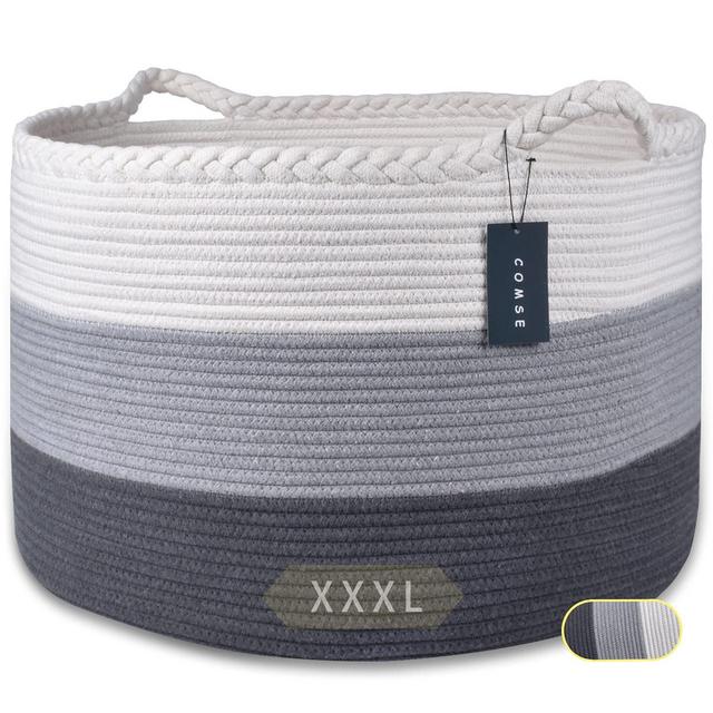 COMSE Extra Large Blanket Basket, Storage Basket, Rope Laundry Basket, 21.7”x 13.8”, Cotton Rope Basket, XXXL Laundry Basket, Toy Basket, Woven Basket, Clothes Baskets, White/Gray