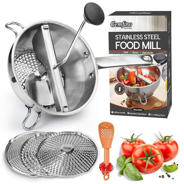 Stainless Steel Food Mills With 3 Milling Discs,Ergonomic design Of Rotary Food Mills For Tomato Sauce,Potatoes,Jams,Stainless Steel Handle and Dishwasher Safe,Includes Multifunctional Spoon