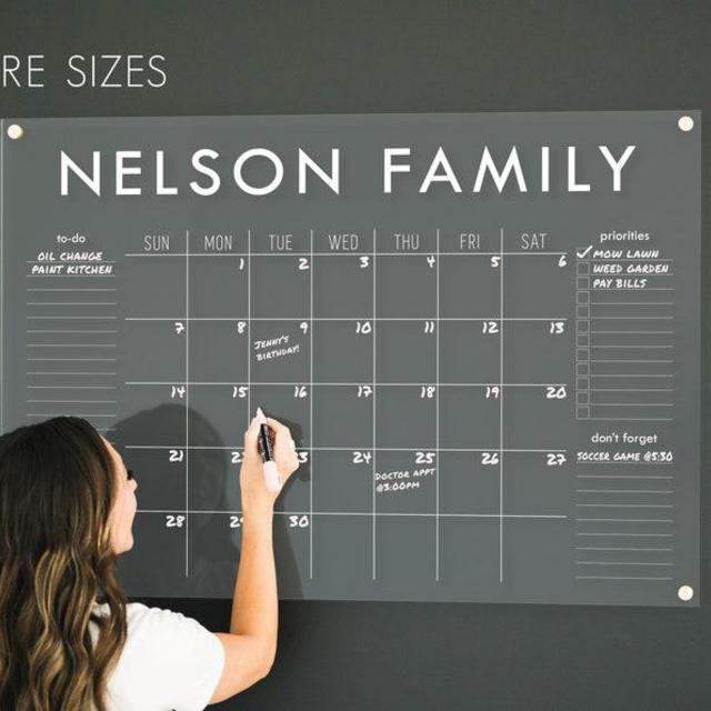 Large Acrylic Calendar for Wall Customized for Family | Dry-erase Acrylic Calendar Personalized with Family Name