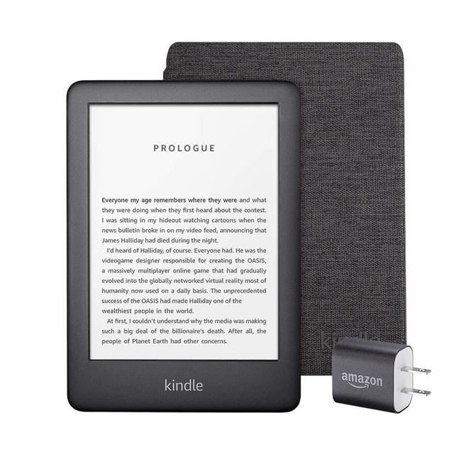 Kindle Essentials Bundle including Kindle, now with a built-in front light, Black - Ad-Supported, Kindle Fabric Cover – Charcoal Black, and Power Adapter