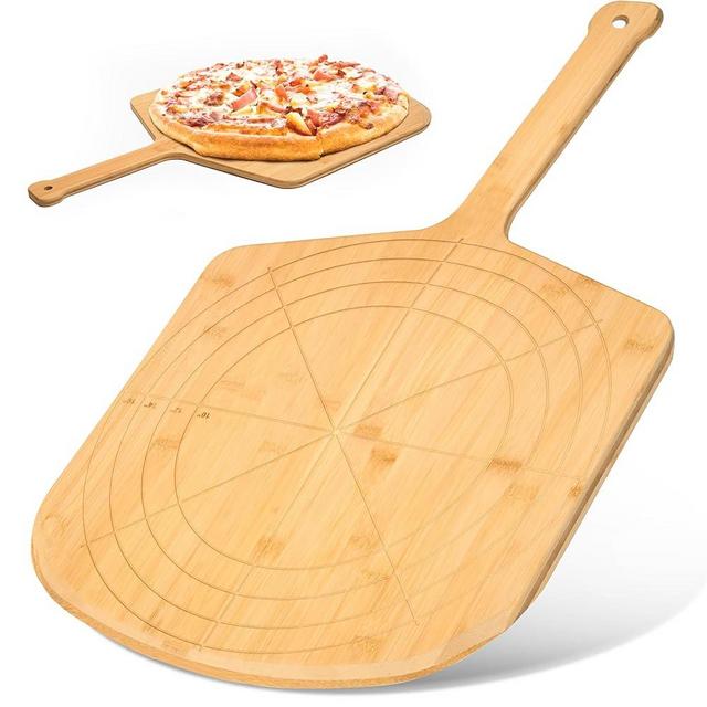 Loftern Wooden Pizza Peel 16 Inch Board with Engraved Sizes - Multi-Purpose Bamboo Pizza Cutting Board, Wood Pizza Peel, Pizza Spatula Paddle, and Serving Board with Size and Cutting Guide