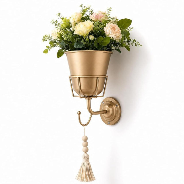 WRYLCYH Wall Vase Metal Wall Planter with Hook, Indoor Outdoor Wall Plant Holder for Live or Artificial Flowers, Space Saving Wall Decor with Flower Stem Holder and Tassel Charm