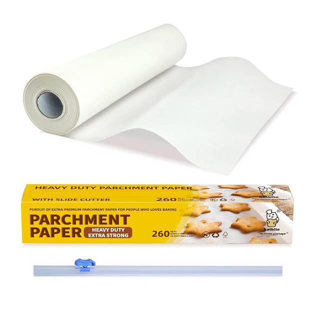 Katbite Parchment Paper Roll for Baking, 15 in x 210 ft 260 Sq.Ft, Heavy Duty Baking Paper with Slide Cutter, Easy to Cut & Non-stick Cooking Paper for Bread, Cookies, Air Fryer, Steaming, Grilling