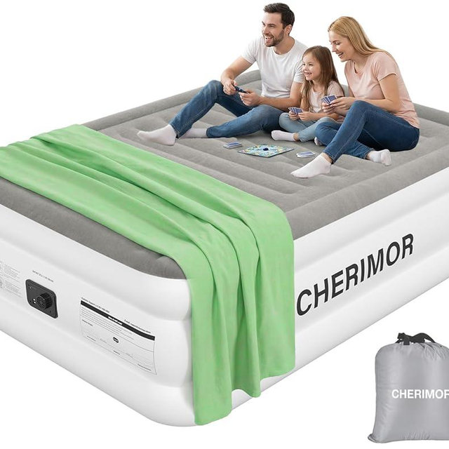 CHERIMOR Air Mattress Queen with Built in Pump, 18" Raised Comfort, Anti-Sag Horizontal Beam, 800lbs Heavy-Duty Support Blow Up Mattress, Multi-Layer Leak Proof Air Bed for Home Guests Camping