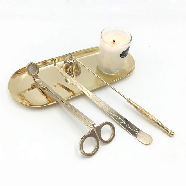 Baffect Candle Accessory Set Candle Wick Trimmer Candle Cutter, Candle Wick Dipper, Candle Snuffer, Candle Storage Tray, 4 in 1 Tool Kit-Stainless Steel(Gold)