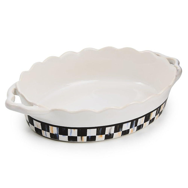 MACKENZIE-CHILDS Everyday Oval Casserole Baker, Cute Oven Baker, Small, Black-and-White Courtly Check