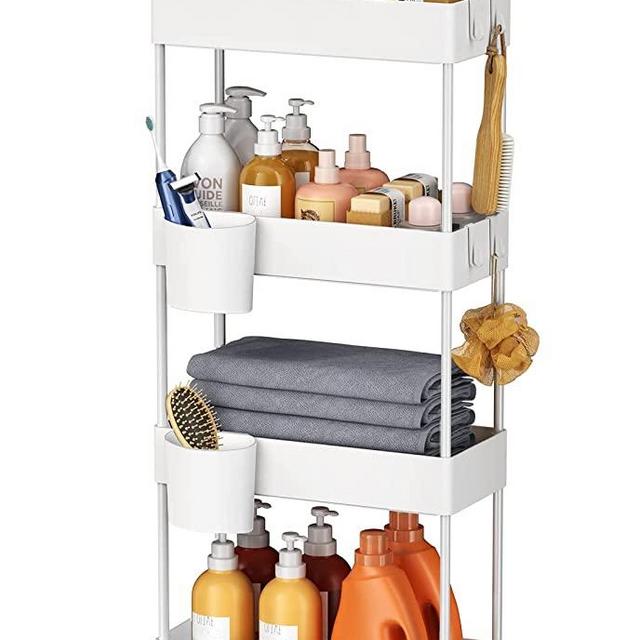 Pipishell Slim Storage Cart with Wheels, 4 Tier Bathroom Storage Organizer Rolling Utility Cart for Bathroom Kitchen Laundry Room Office Narrow Place (White)