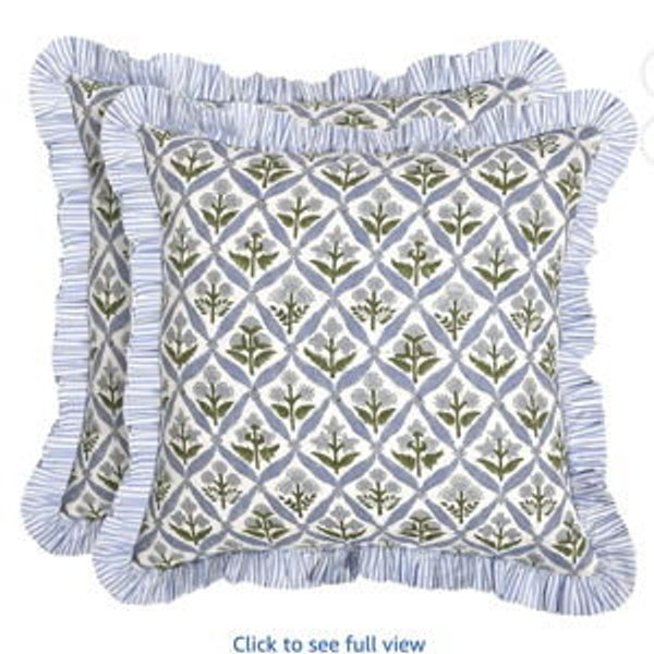 Block Print Light Steel Blue Throw Pillow Cover 18" x 18" (Pack of 2) Decorative Cushion Covers with Ruffle for Couch, Sofa, Bed, Living Room, Home Decor Gift for Spring, Easter, Valentine