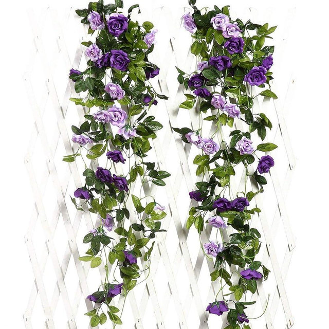 JUSTOYOU 2PCS Fake Rose Garland, 7.9FT Artificial Vines Flowers Hanging Silk Rose Vine Wedding Home Office Arch Arrangement Decoration (Purple)