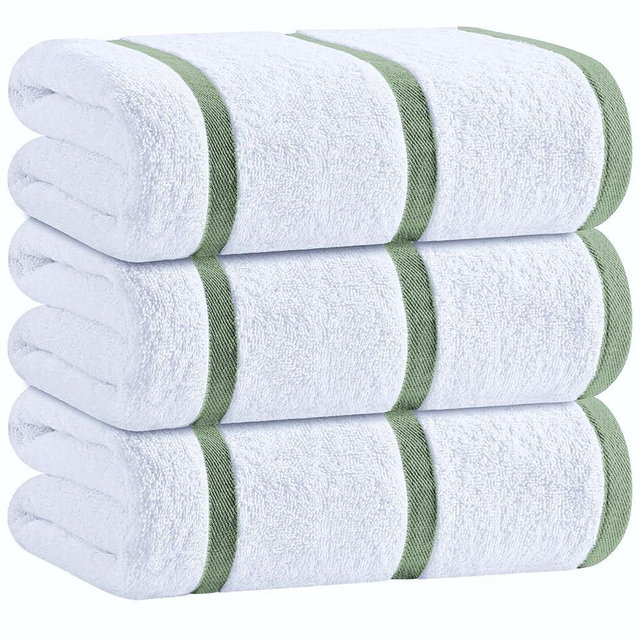 White Classic Cotton Pool Towels Oversized 35 x 70 Inches, Ultra Absorbent and Low Lint Striped Beach Towels for Adults, Stripes Design Luxury Extra Large Bath Towels, Green, 3 Pack