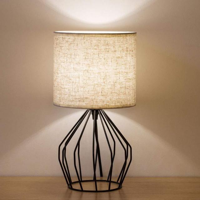 HAITRAL Bedroom Table Lamp - Minimalist Bedside Desk Lamp with Black Metal Hollowed Out Base and Linen Fabric Shade, Nightstand Lamps for Bedroom, Living Room, College Dorm, Kids Room (HT-TH57-02)